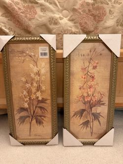 Pair of Alberni Tall Framed Floral Prints – Never Hung – 22x10