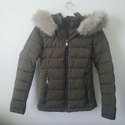 DKNY womens Green Puffer Jacket Faux Fur Hood