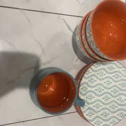 8 PCS Baum Marina Blue Orange Salad Plate, Bowl,Mug
