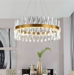 New 23.6”Crystal Chandelier, Luxury Gold Round Three-Color Adjustable Lighting& Height