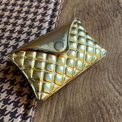 Vintage Gold tone Metal Quilted Pattern Rhinestone Fold Magnetic Compact Mirror