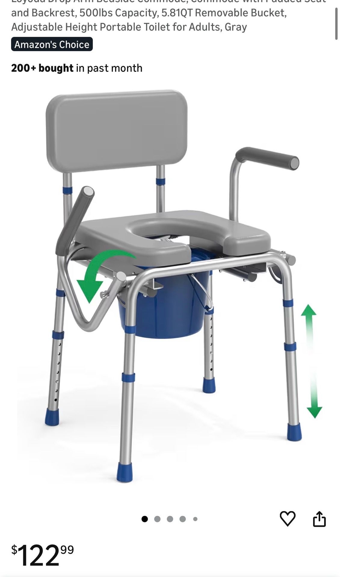 New Drop Arm Bedside Commode with Padded Seat+Backrest,500lbs, 5.81QT Removable Bucket