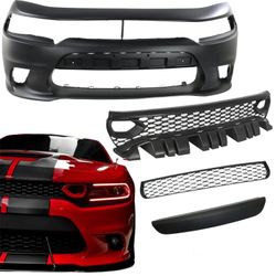 Front Bumper, Scat Pack Upper and Lower Grilles and Black Cover 4 Piece Kit BRAND NEW for Dodge Charger 2015 to 2021