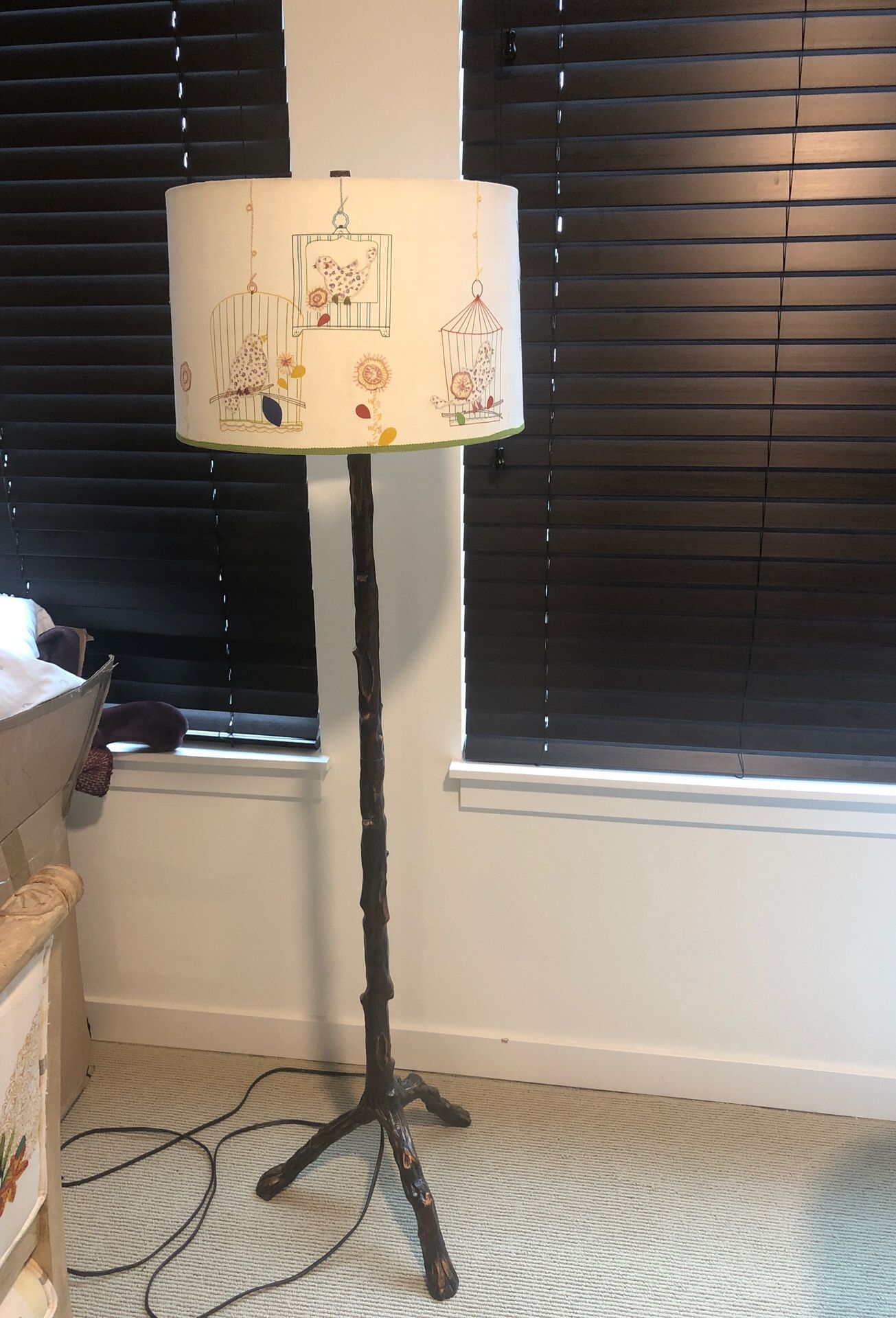 Tree branch floor lamp and Anthropologie bird cage lampshade