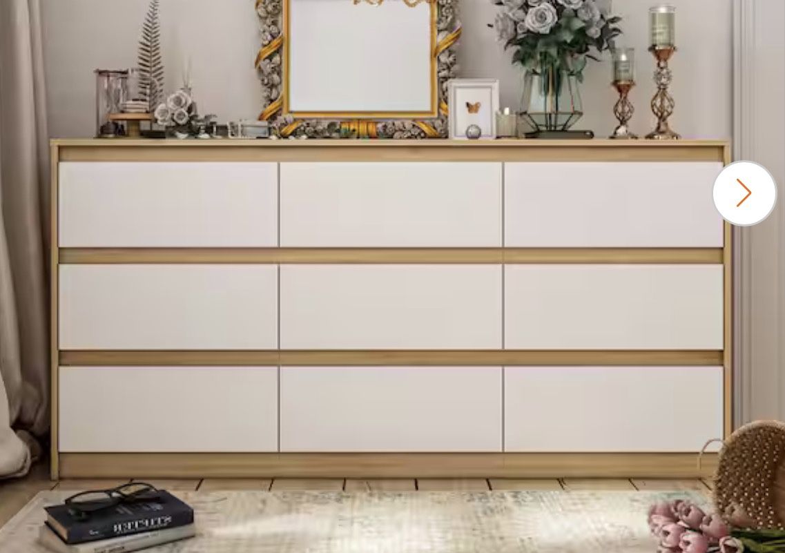 Natural Brown 9-Drawer Wood Chest of Drawers 31.5 in. H x 63 in. W × 15.7 in. D Storage Cabinet