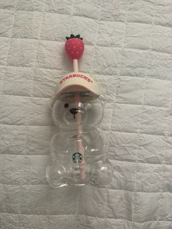 Starbucks Strawberry Bear Glass Cup with Straw
