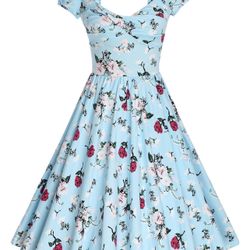 MUXXN dress size medium stretchy Blue floral dress with a 50s vibe dress #floraldress