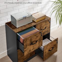 4 Drawer File Cabinet with Lock, Printer Stand, Office Filing Cabinet Organizer, for A4 and Letter Size Documents, Rustic Brown and Black UOFC062B01