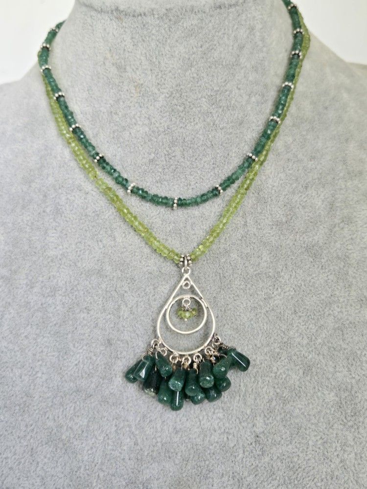 Vintage Unique Sterling Silver Peridot and Green Onyx Two Strand Layered Pendant Necklace