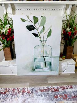 Large Canvas Wall Art Painting of  Eucalyptus Branch in Glass Vase (36"W x48"H)