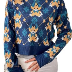 L size Women's Casual Teddy Bear Printed Round Neck Knitted Sweater Autumn and Winter Fashionable Long Sleeved Pattern Loose Top