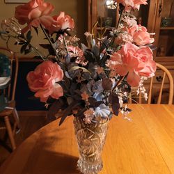 Flower Arrangement In Crystal Vase.  Vase Is 9.5” Tall. Total Arrangement  Is 24” Tall