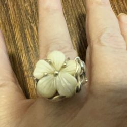 Mother of Pearl, hand carved Sterling silver ring, size 8