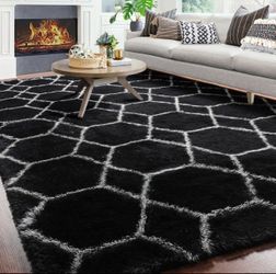 8x10 Fluffy Black & White Geometric Area Rug – Super Soft Shaggy Carpet