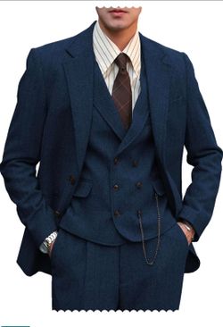 Size Large Mens Formal Tweed Wool 3 Piece Wedding Slim Fit Suit Prom Tuxedos Groomsmen