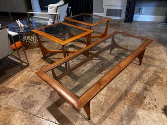 Mid-Century Modern Walnut & Glass Lane Coffee Table Set