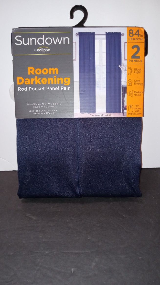 *SUNDOWN ROOM DARKENING CURTAINS DRAPES ROD POCKET PANEL PAIR 26"x 84" * NEVER OPENED* 2 PACKS AVAILABLE * INDIGO BLUE *