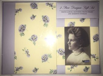 New 3 Piece Photo Album, Frame and Memento Box Yellow with Purple Flowers