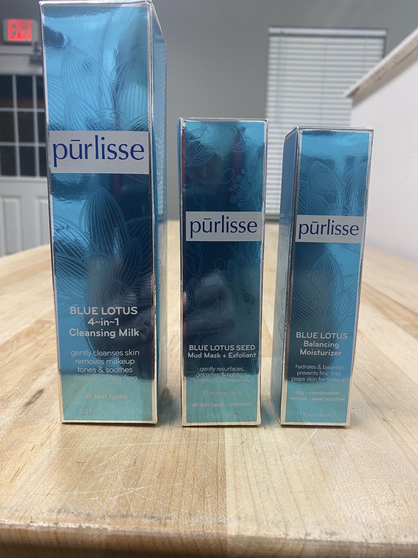Purlisse Blue Lotus 4 In1 Cleansing Milk, Blue Lotus Balancing Moisturizer And Blue Lotus Mud Mask And Exfoliate