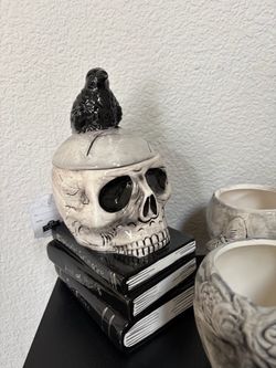 Ceramic Skull Jar And Two Skull Mugs Halloween Decor