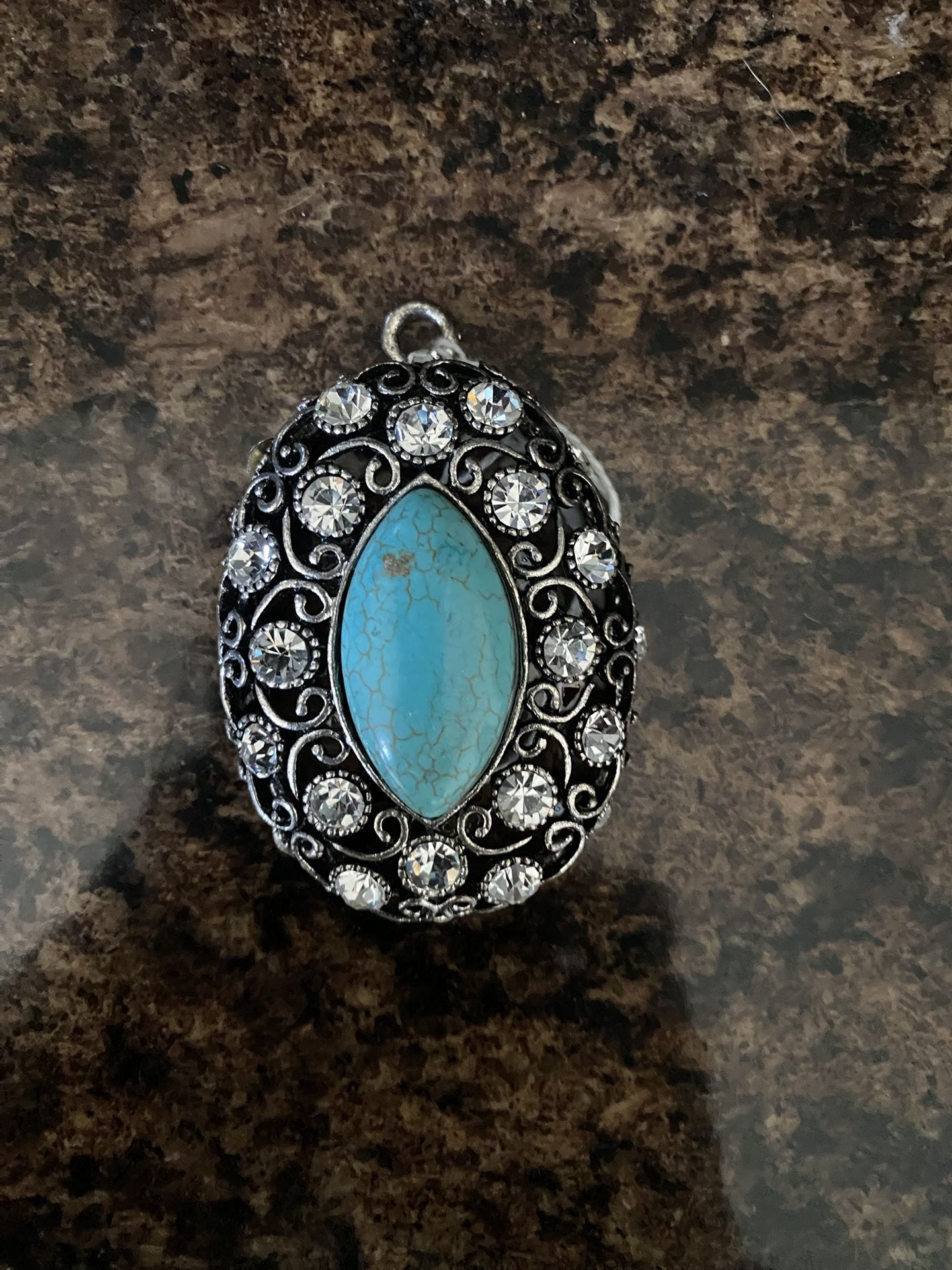 Turquoise & Rhinestones Oval Sterling Silver Pendant