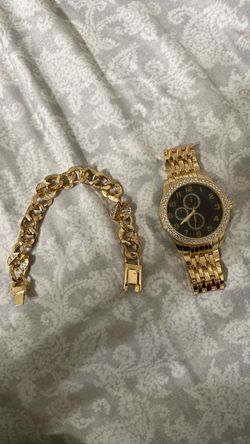 Gold-Tone Curb Link Bracelet + Gold-Tone Rhinestone Bezel Fashion Watch