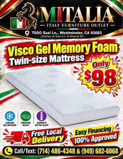 TWIN SIZE MATTRESS - VISCO GEL MEMORY FOAM - BRAND NEW - SUPER SALE $98