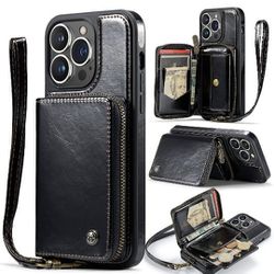  Wallet Case Compatible with iPhone 14 Pro,PU Leather Flip Case with Lanyard Strap Wristlet,RFID Credit Card Holder and Zipper Pocket Black