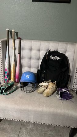 Youth Softball Equipment Bundle - 3 Bats, 2 Gloves, Easton Helmet, Rawlings Bag & Cleats