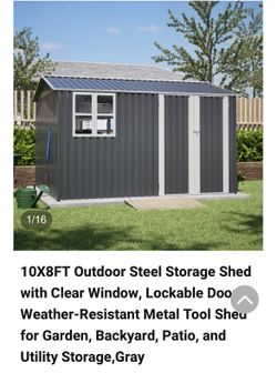 10X8FT Outdoor Steel Storage Shed with Clear Window, Lockable Doors, Weather-Resistant Metal Tool Shed for Garden, Backyard, Patio, and Utility Storag