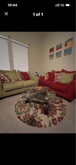 2 Love seats, round rug, one coffee table, one side  table