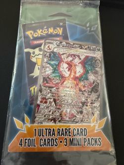 Pokémon card pack. Has 1 ultra rare card, 4 foil cards, 3 mini packs