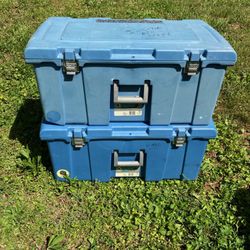 2 MEDIUM SIZED STORAGE BOXES. WEATHER RESISTANT.    $25 FOR ONE OR $40 FOR BOTH. 