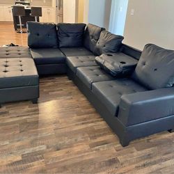 Brand new leather black sectional sofa W Cup holder 