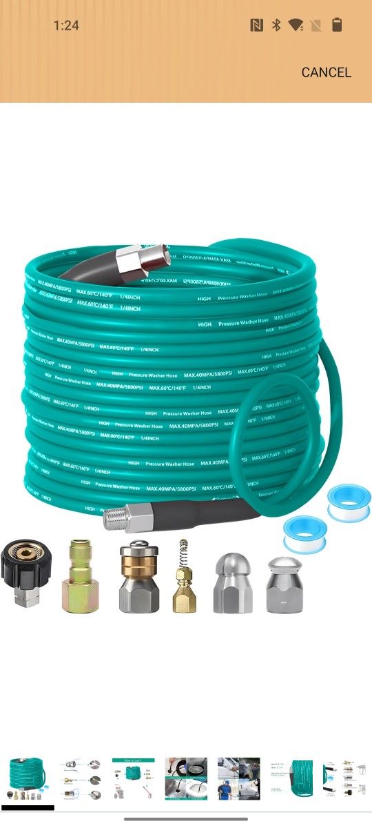 Pressure Washer Sewer Jetter Kit - 100Ft X1/4" Hydro Drain Jetter Cleaner Hose, Corner, Rotating and Button Nose Sewer Jetting Nozzle Waterproof Tape