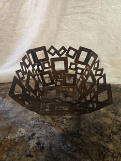 Vintage Brutalist Metal Geometric Bowl & Candle Holder Set