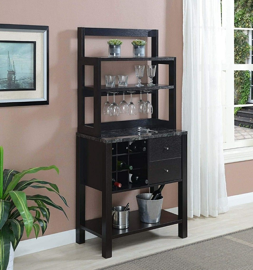 Serving Bar, Wine Rack with Drawers Black Faux Marble