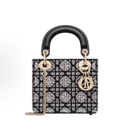 Dior Lady Dior brand logo rattan plaid embroidery beaded silver rhinestone cotton one-shoulder handbag mini women's black(29)97