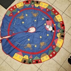 Vintage Large 56” Quilted Blue Santa Reindeer House Christmas Tree Skirt