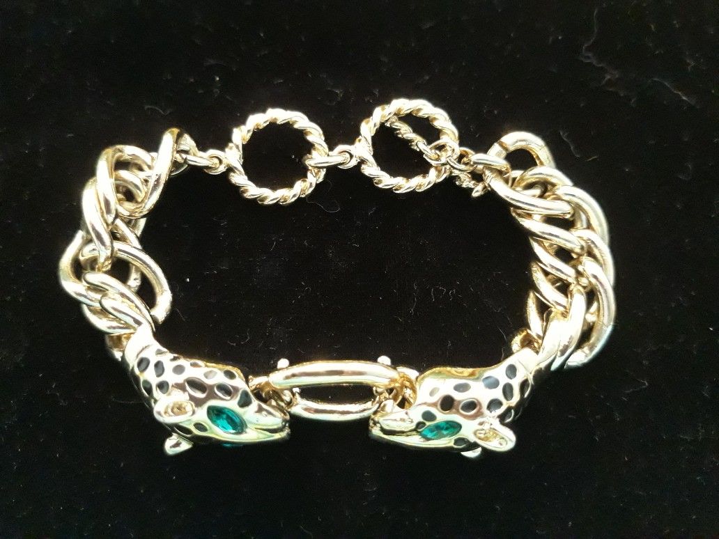 Double Leopard Head Rhinestone Chain Bracelet