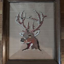 Vintage Stitched Deer Portrait in Wood Frame