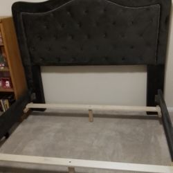 Queen Bed Frame With Gray Padded Tufted Headboard And Footboard