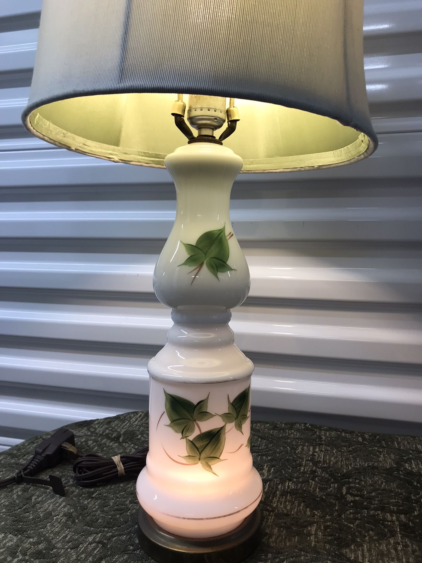 Vintage White Milk Glass Lamp With Green Leaves