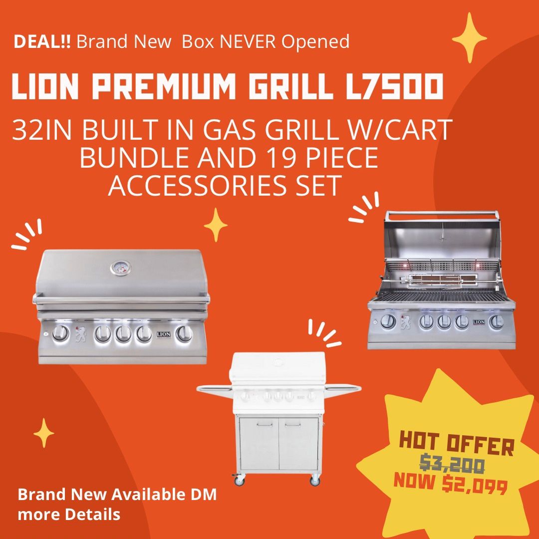 Lion Premium Grills L75000 32-Inch Built-In Gas Grill with Cart Bundle And 19-Piece Stainless-Steel Grilling Accessories w/Aluminum Storage Case