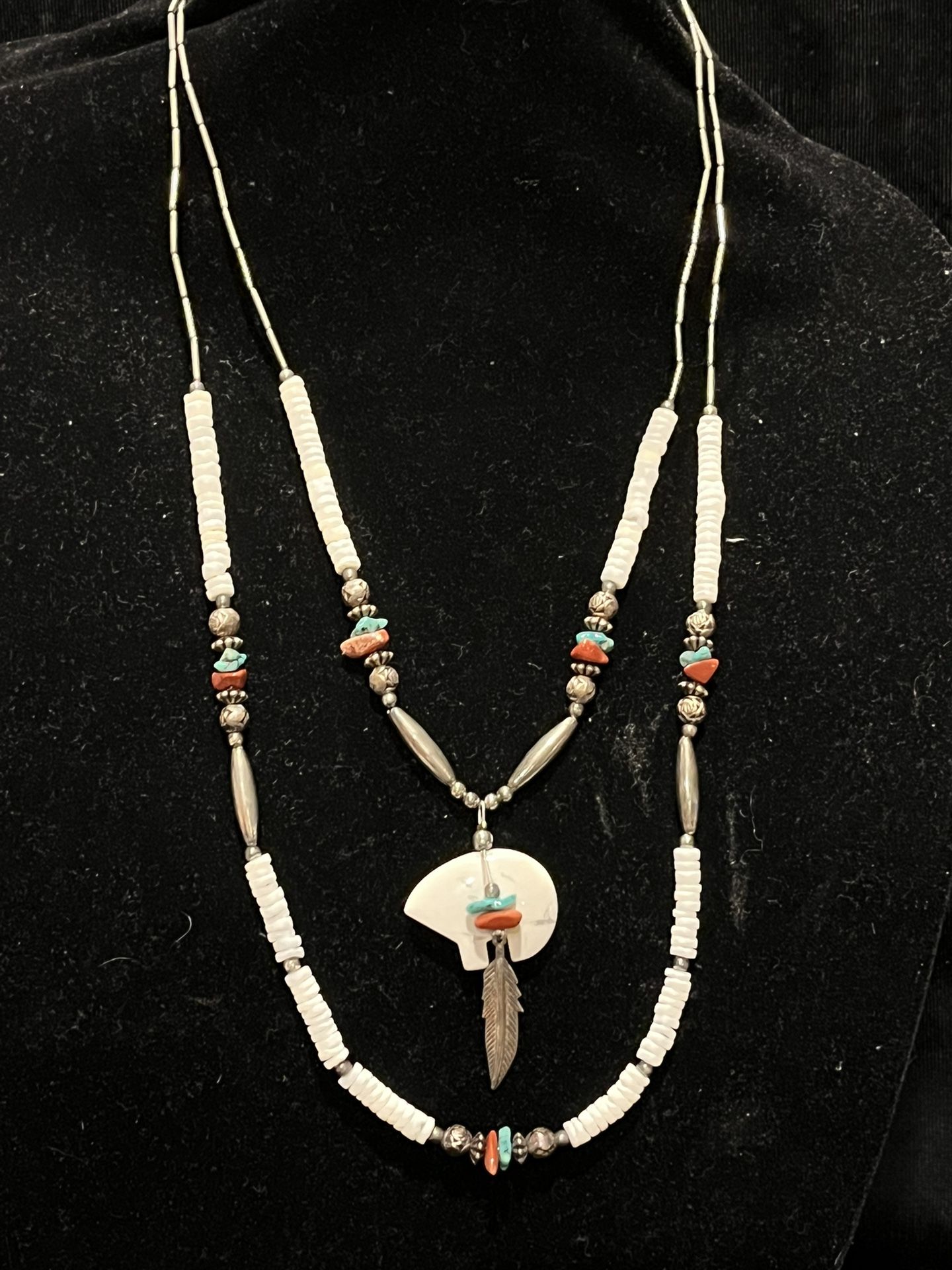 Navajo  Coral Bear Turquoise  Silver Strand Necklace  