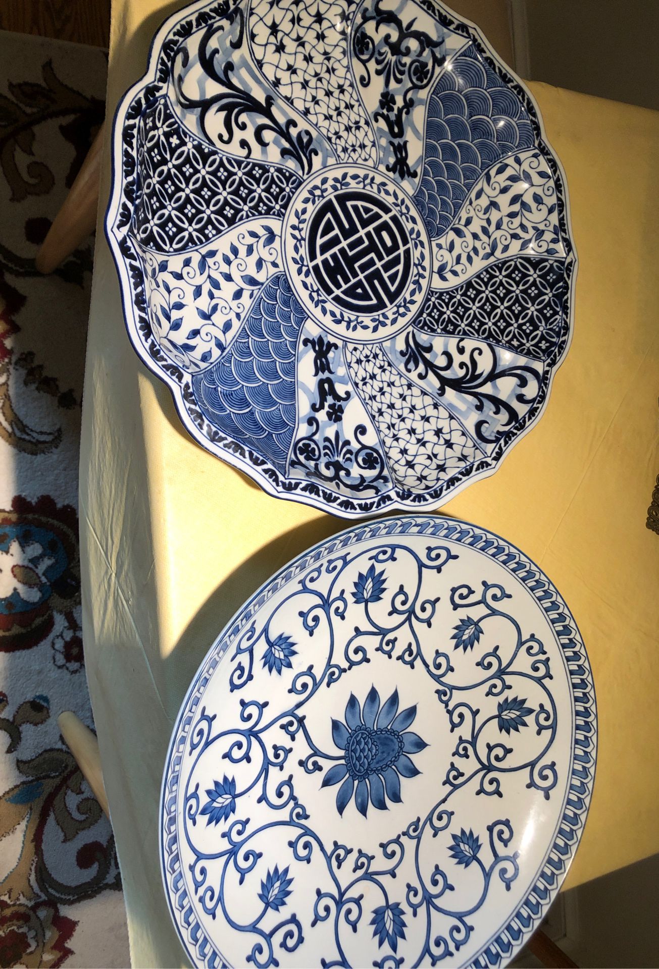 Two Chinese antique blue & white porcelain platters 18”