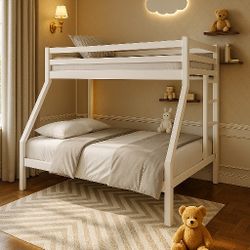 Bunk Bed Twin Over Full Size with Safety Guardrail and Ladder, No Box Spring Needed Space Saving Bedroom Furniture, Cream White
