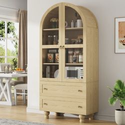 M417-IDEALSOUL Arched Kitchen Pantry Cabinet, 71" Tall Wood Storage Cabinet with 2 Glass Doors, 4 Shelves and 2 Drawers, Food Cabinet for Kitchen, Liv