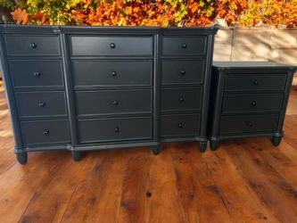 Huge Hamilton Dresser & Nightstand 2pc Bedroom Set Solid Wood Black Satin 12 Drawers New