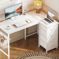  L Shaped Desk with 4 Drawers, 47" Corner Computer Desk with Storage, Reversible Kids Study Table 